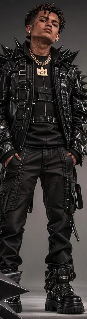 Full-length KUBE 03 in the black spike jacket, cargo trousers and platform boots, front view